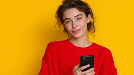 Happy young woman reading positive message on phone, showing emotional reaction of satisfaction or excitement, studio-shot over yellow background perfect for mobile app promotion or social media conte