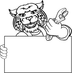 A wildcat, cougar or bobcat handyman, mechanic, plumber or other construction cartoon mascot man holding a wrench or spanner tool.
