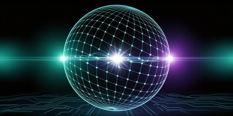 Luminous Grid Sphere over Circuit Board Background