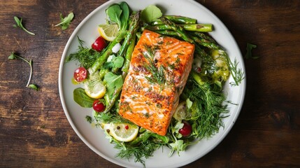 Roasted salmon with asparagus and fresh herbs.