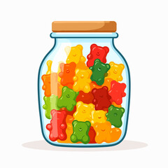 Jar full of delicious colorful gummy bears, an illustration perfect for candy-themed designs, children's content, and sweet treats promotions.