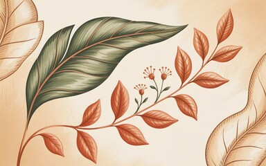 Naklejka premium Botanical illustration with green and brown leaves on a beige background