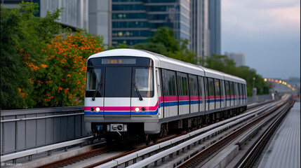 Naklejka premium Dynamic city scene of Bangkok featuring BTS Skytrain speeding through elevated rails with backdrop of tall buildings, dense traffic, and commuters reflecting modern commuting lifestyle. BTS Skytrain, 