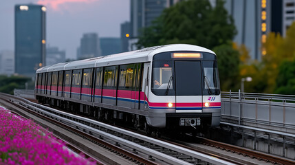 Obraz premium Modern elevated BTS Skytrain traveling above congested Bangkok streets with sleek design and vibrant ads, capturing public transportation efficiency and Southeast Asian urban energy. BTS Skytrain, Ban