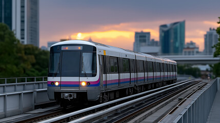Fototapeta premium High-resolution urban image of Bangkok’s BTS Skytrain gliding on elevated tracks against the modern city skyline, showcasing rapid transit and time-saving commuter culture in Southeast Asia. BTS Skytr