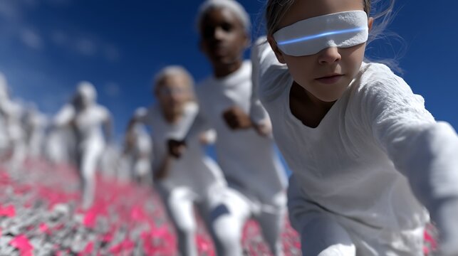 Futuristic Vision Children Racing Through a Field with Futuristic Goggles. - Powered by Adobe