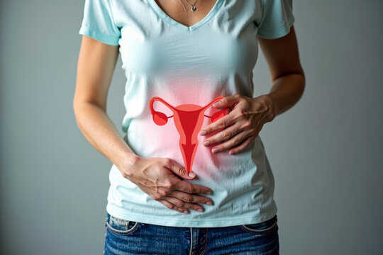 Close-up Image of Woman in Pain Holding Lower Abdomen with Detailed Illustration of Uterus and Ovaries Overlay - Powered by Adobe