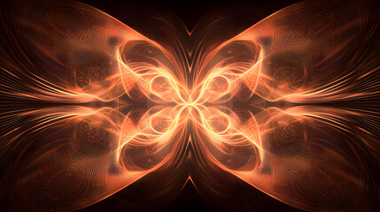 Symmetrical, fiery butterfly-like fractal design with warm, orange-brown hues on a dark background. Intricate, flowing lines create a dynamic, otherworldly pattern