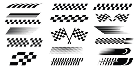 Racing Stripes, Checkered Flags, Speed Decals, and Dynamic Lines in Black and White – Perfect for Race Car Graphics and Motorsport Design

