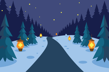 icy woodland trail lined with glowing christmas l