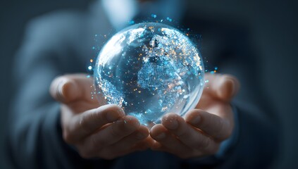 Businessman holding a glowing digital Earth hologram in hands