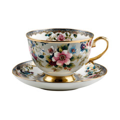 Victorian-style porcelain teacup with floral patterns and gold rim, isolated on a white background