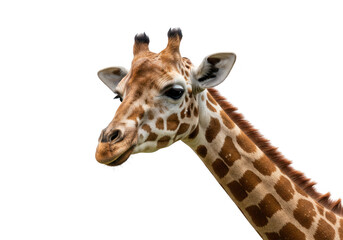 A closeup portrait of a giraffes head and neck, showcasing its distinctive spotted pattern isolated on transparent background