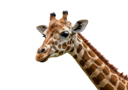 A closeup portrait of a giraffes head and neck, showcasing its distinctive spotted pattern isolated on transparent background