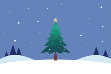 a quiet snowy field with a lone decorated pine tr