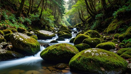 Lush forest stream with mossy rocks