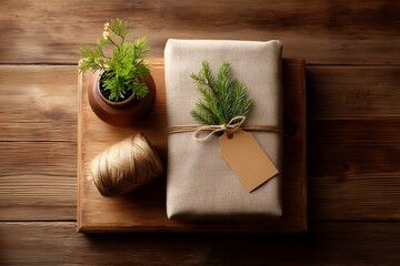 Top view of a neatly wrapped present with linen fabric, jute string, fir sprig, and kraft tag, surrounded by rustic elements. Warm and natural holiday packaging concept.