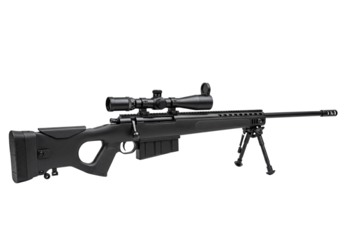 Modern black sniper rifle with scope and bipod isolated on transparent background