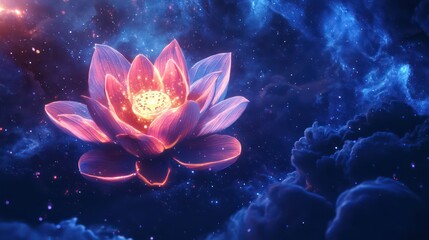 Glowing Lotus Flower in Cosmic Nebula with Sparkling Starry Background