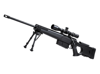 Modern black sniper rifle with scope and bipod isolated on transparent background