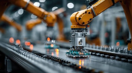 Automated manufacturing for small parts in electronics industries using robotic arms, CNC machines, and high-speed sorting systems for consistent, high-volume output