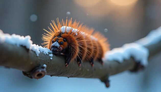 Macro shot of small caterpillar crawling on rugged tree branch

High detail closeup of caterpillar traversing textured tree bark

Tiny caterpillar in motion on rough tree branch macro photography

Clo