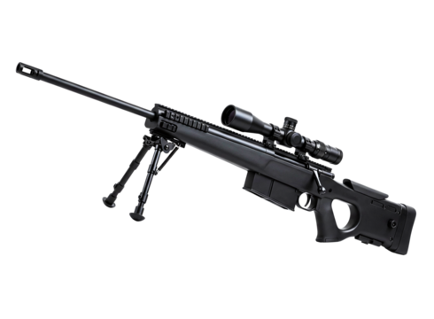 Modern black sniper rifle with scope and bipod isolated on transparent background