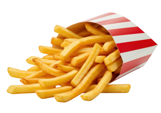 A serving of golden french fries spills out of a red and white striped paper container isolated on transparent background