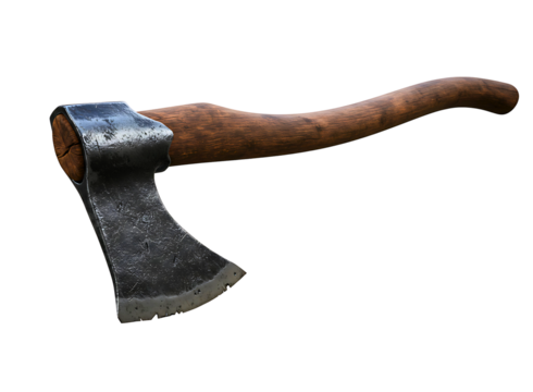 Old weathered axe with a wooden handle isolated on transparent background