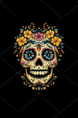 Fototapeta premium Colorful decorative skull adorned with flowers against a black background, symbolizing life and death
