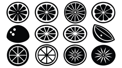 Collection of black and white fruit slices including oranges and a coconut in a grid pattern