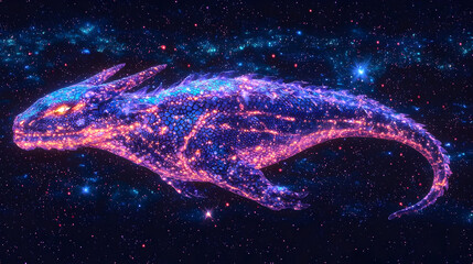 Fototapeta premium Cosmic dragon, vibrant colors, swirling, starry nebulae. Dragon-like creature, glowing scales, space, powerful, fantasy