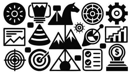 Black and white illustration featuring business strategy and achievement related icons spread evenly out