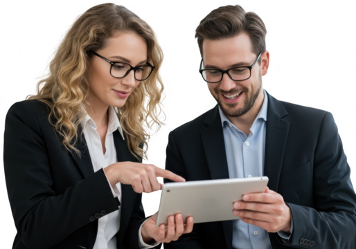 A man and woman in business attire looking at a tablet computer together, isolated on white isolated on transparent background