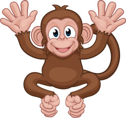 A monkey cute happy cartoon character animal waving with both hands