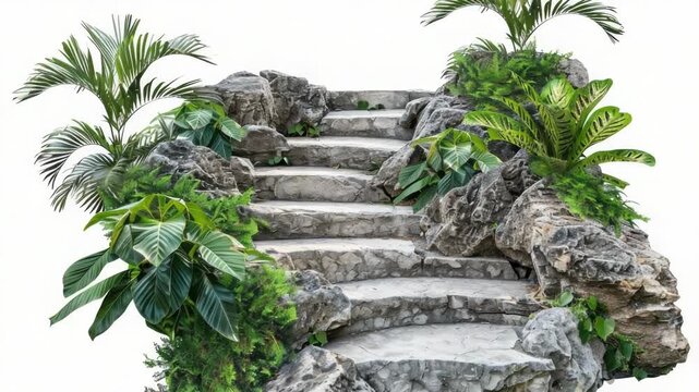 A set of natural stone steps surrounded by lush greenery