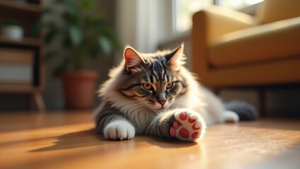 Fluffy tabby cat resting on a wooden floor.