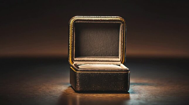 An open ring box with plush velvet lining sits on a dark reflective surface illuminated by spotlight showcasing its empty interior and fine craftsmanship in subtle low light
