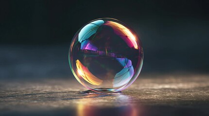 A soap bubble resting on a textured floor surface reflecting rainbow hues and nearby lights with a shallow depth of field and soft focus background creating a sense of wonder - Powered by Adobe