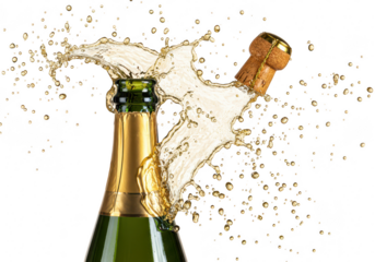 A champagne bottle cork pops with a dramatic splash of liquid and bubbles isolated on transparent background