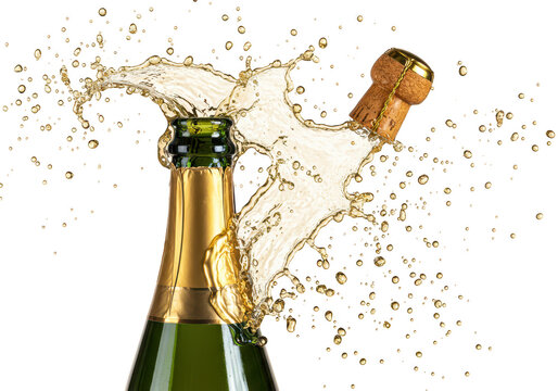 A champagne bottle cork pops with a dramatic splash of liquid and bubbles isolated on transparent background