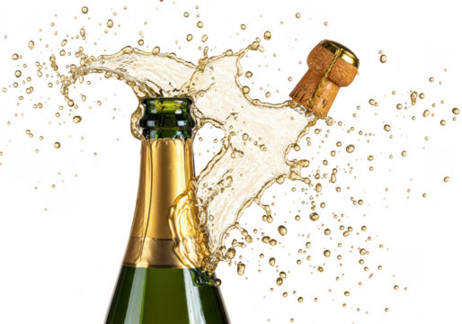 A champagne bottle cork pops with a dramatic splash of liquid and bubbles isolated on transparent background