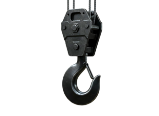 Heavy duty industrial crane hook and pulley block isolated on transparent background