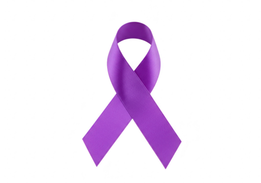 A closeup of a vibrant purple awareness ribbon, isolated on a clean transparent background