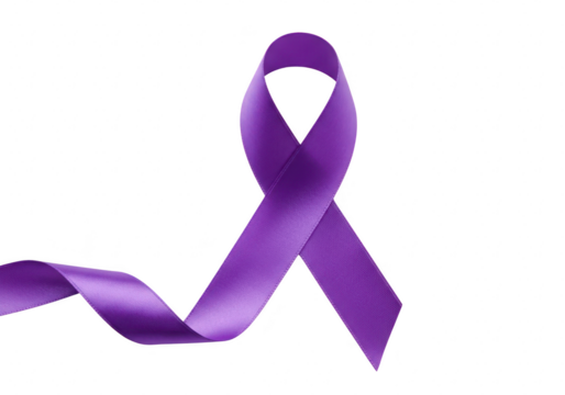 A satin purple ribbon, a symbol of awareness and support for various causes, isolated on a transparent background