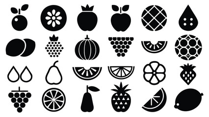 Illustration of various kinds of fruits including whole and sliced fruits in a black and white color scheme
