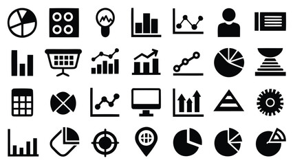 Collection of various business and data analysis icons including charts graphs and other related symbols