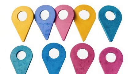A collection of colorful pin markers arranged neatly on a white background