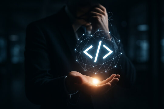 Coding development concept man holding html symbol programming technology software developer innovation