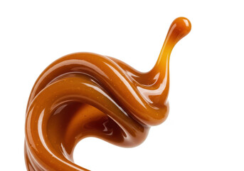 A thick, glossy swirl of golden caramel sauce isolated on a transparent background